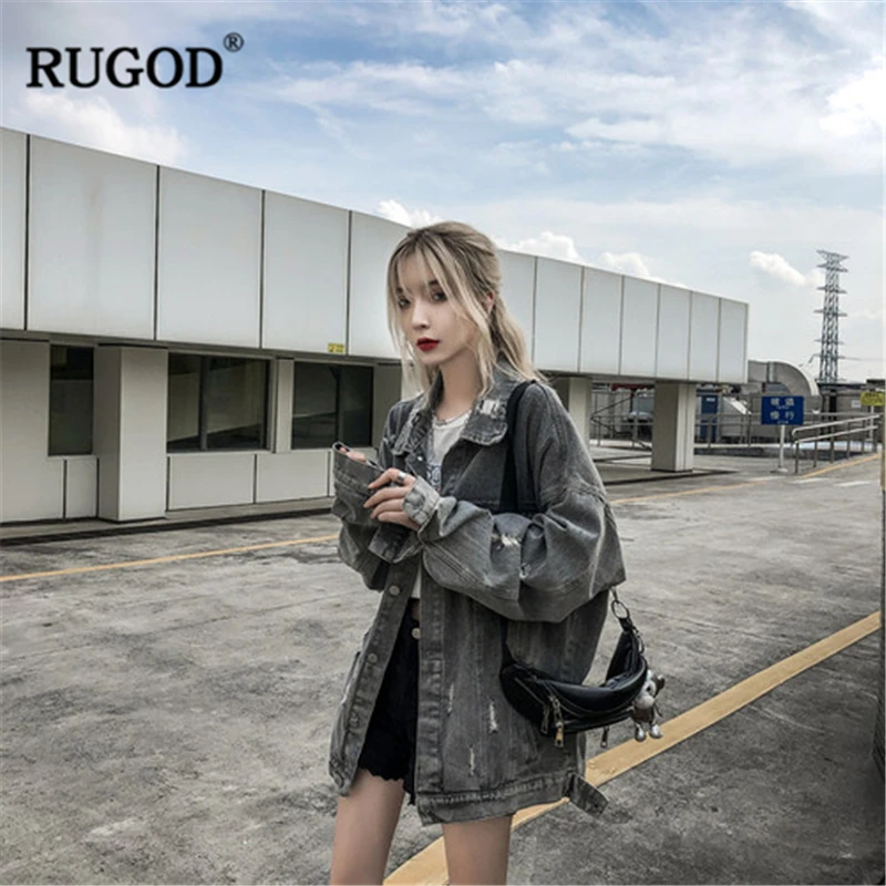 RUGOD, новинка, осенняя женская джинсовая куртка с принтом демона, хип-хоп стиль, высокая уличная мода, Женское пальто, темпераментное Свободное пальто с потертостями