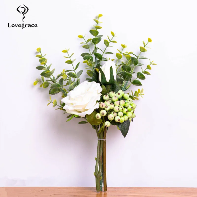 Lovegrace Свадебный букет невесты, искусственный шелк, роза, Калла, лилия, цветок эвкалипта, листья, ягоды, Декор, Свадебный букет невесты - Color: A-white