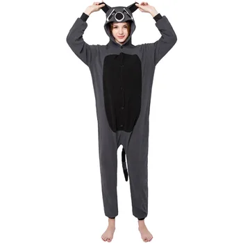 

Polar Fleece Cartoon Animal One-piece Pajama Ash Raccoon Men and Women Home Couples Autumn & Winter Performance Costume Wholesal