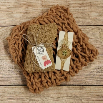

A Set 50*40cm 100% Wool Blanket+140*30cm Stretch Knit Wrap+Cotton headband for Newborn Photography Props Baby Photo Shoot Acce