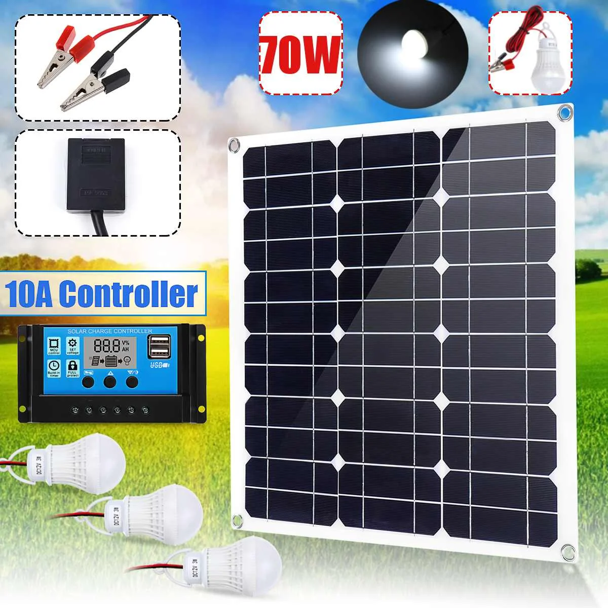 

Solar Panel 70W 18V+12/24V 10A USB controller+3PCS 3W 12V Led Light Solar Charger Battery for Car Boat Solar System kits
