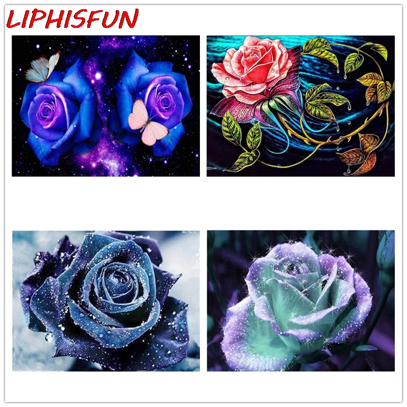 Full Drill 5D Diamond Embroidery Blue Purple Rose Flower Cross Stitch DIY Painting Picture Rhinestone Wedding Home Decor | Дом и сад