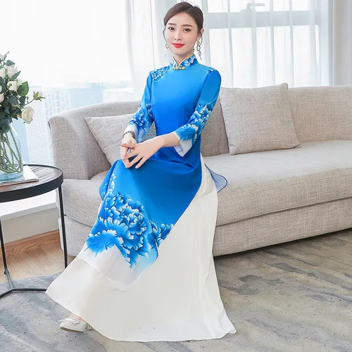 Традиционная вьетнамская одежда Aodai Vietmam одежда синий цветочный Азиатский китайский стиль Cheongsam для женщин Ao Dai Qipao платье - Цвет: Blue