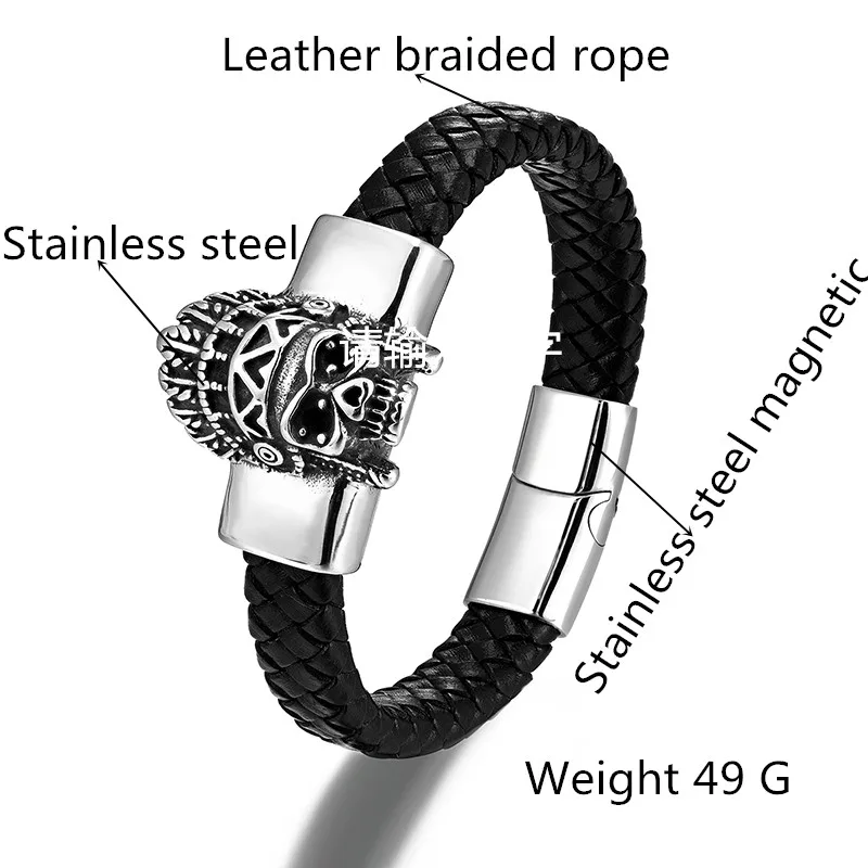 2021 Charm Leather Bracelet Ethnic Style Skull Stainless Steel Magnet Buckle Men's Bracelet - Image 6