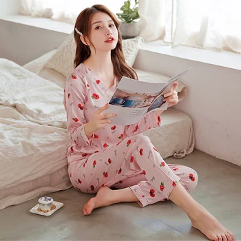 

Spring Women's Pajamas V-neck Long Sleeve&Pants 2 Pcs Luxury Silk Made Loose Comfort Pajama Sets For Woman Leisure Home Suits