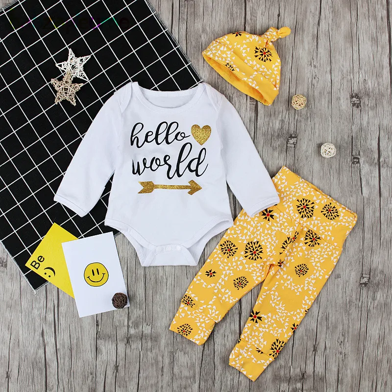 

3Piece/Spring Infant Outfits Girls Boys Clothes Casual Letter Long Sleeve Jumpsuit+Print Pants+Hat Newborn Clothing Set BC1130-1