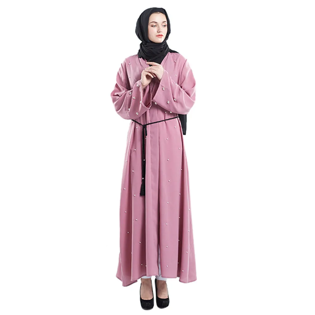 

KLV Front Open Cardigan Solid Color Muslim Ramadan Loose Long Robe Gowns Casual Women Plain Long Sleeve Round Neck Maxi Dresses