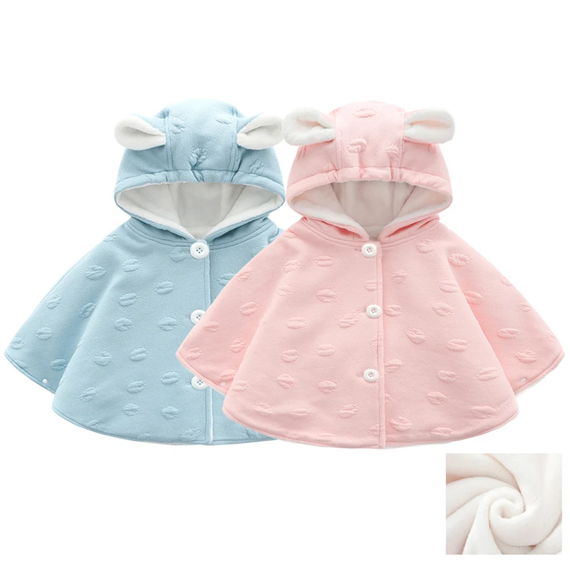 

Korean Baby Winter Hooded Jacket Little Girl Solid Velvet Warm Ponchos and Capes Casual Rabbit Ear Children Outerwear Cloak Coat