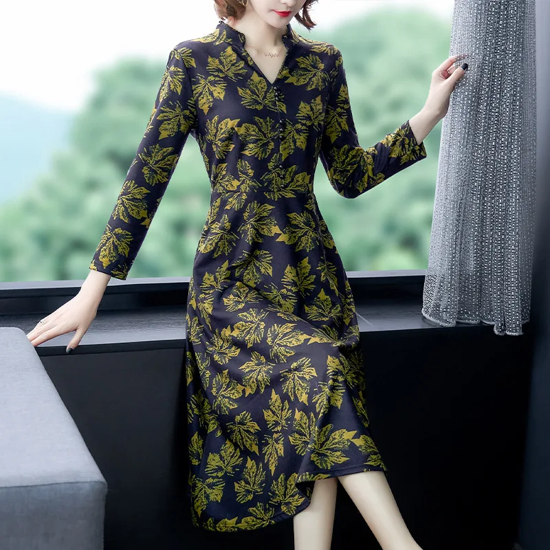 

2020 Spring Middle-aged Women Dress New Style Debutante Elegant Large Size Dress Middle-aged Lady Printed Jersey Dress Women's
