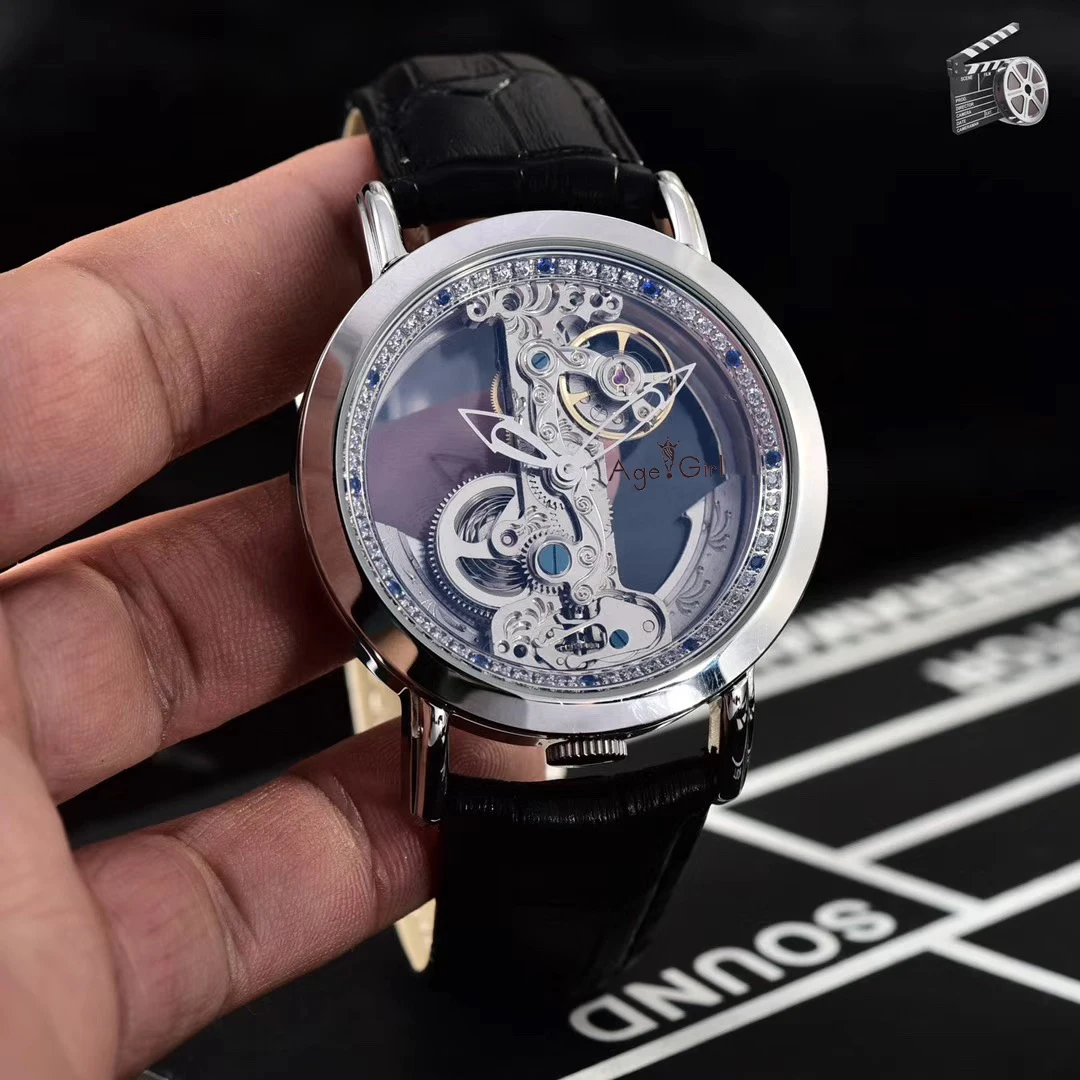 

Luxury Brand New Men Automatic Mechanical Watches Silver Gold Diamonds Waterproof Transparent Glass Skeleton Black Leather AAA+