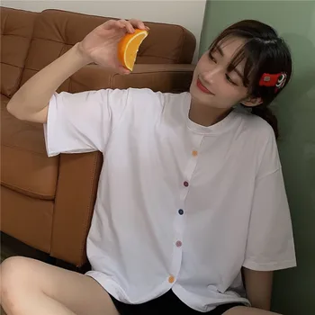 

Funny Button Women Blouse Short Sleeve Summer Blouses Women Solid Tops