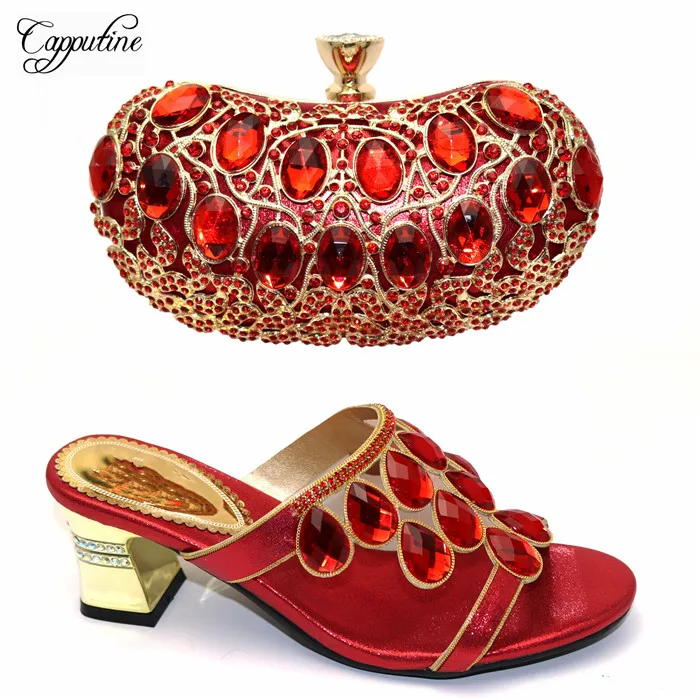 

Luxury red with stones high heel shoes with purse handbag set for evening party 0763, heel height 6.5cm