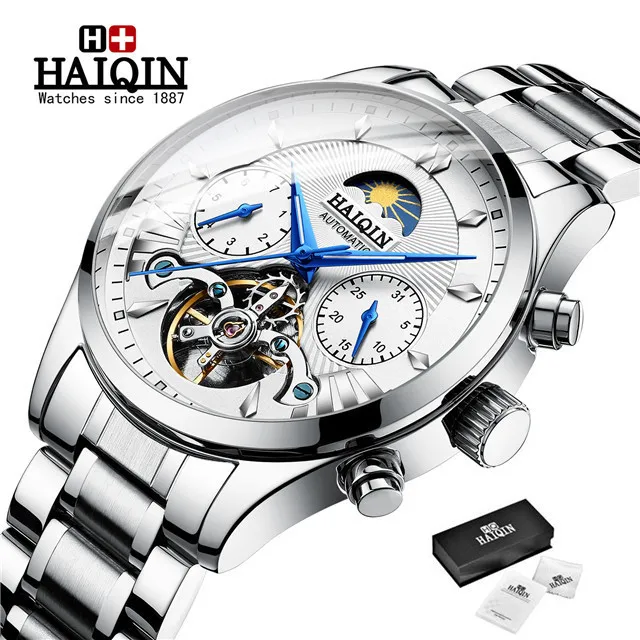 Горячие Автоматические Мужские механические часы лучший бренд класса люкс HAIQIN новые деловые мужские часы Tourbillon военные часы Relogio Masculino - Цвет: S-silver white