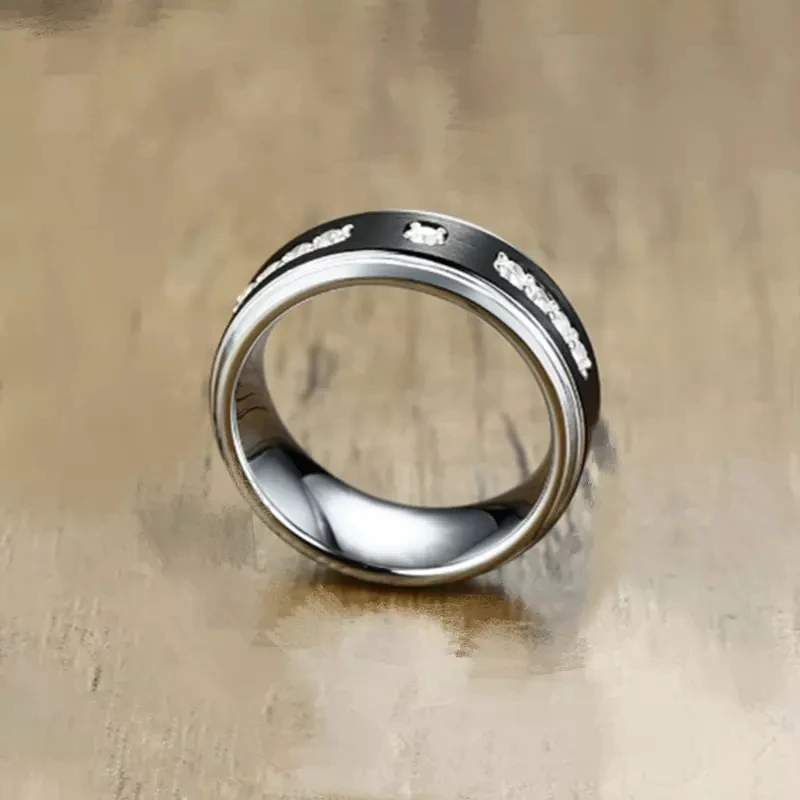 8mm Men Simple Ring Black White Inlaid Crystal Wedding Engagement Band Cocktail Party Jewelry