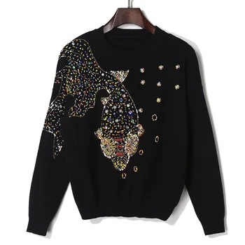 

Ladies' sweater heavy manual nail bead sets sequins goldfish sweater