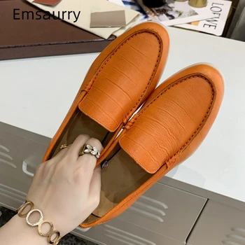 

New Spring 2020 Genuine Leather Flat Shoes Woman Flat Heel Round Toe Stone Grain Sewing Slip-on Runway Loafers Women