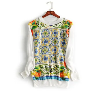 

New temperament of the atmosphere inside collect 100 silk twill splicing led a word wool knitted blouse
