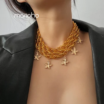 

Bijoux Fashion Alloy Metal Multilayer Starfish Water Ripple Chain Chokers Necklace Gold Color Statement Necklace Party Women