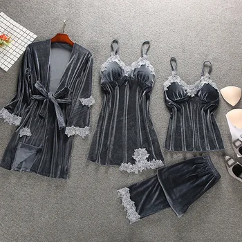 

4PCS Lady Nighty&Robe Suit Pijamas Velour Autumn Warm Pajamas Set Nightwear Lace Homewear Sleepwear Home Clothing Shirt&pants