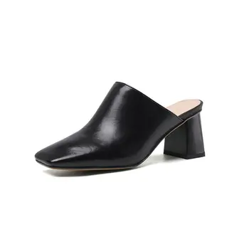 

Elegant high heels shoes woman square toe slippers Genuine leather slingbacks shoes woman Mules Slipper ladies dress Shoes woman