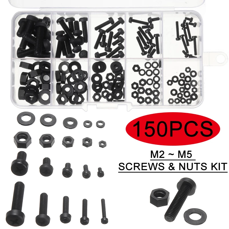 150pcs Black Nylon Hex Screw Bolt Nut Standoff Spacer Assortment Kit