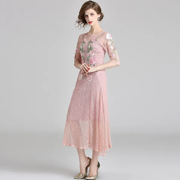 Модное женское нежное кружевное длинное платье, новое тонкое платье с вышивкой, z-10-432 - Цвет: Розовый