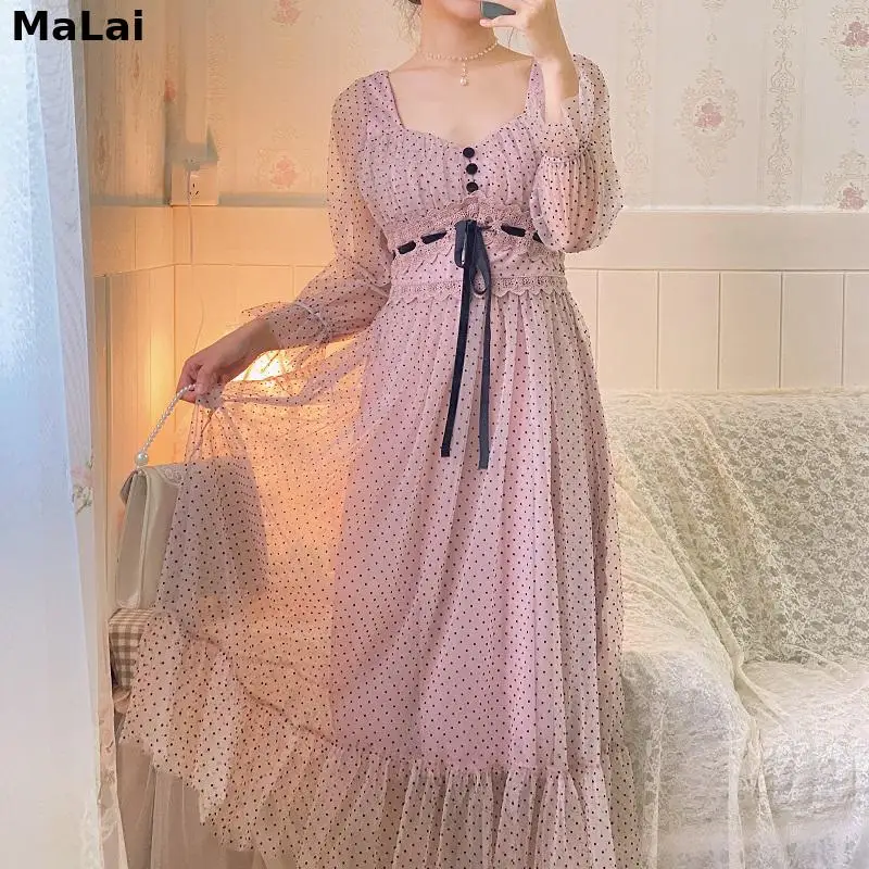 

Women Lace Patchwork Elegant Party Midi Dress Pink Chiffon Fairy Dress Female High Street Sweet Casual Puff Sleeve Dresses 2022