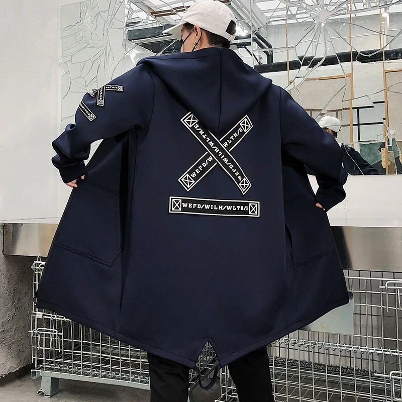 2021 Autumn Men Hooded Jackets Print Harajuku Windbreaker Ribbon Overcoat Male Casual Outwear Hip Hop Streetwear Coats LBZ155