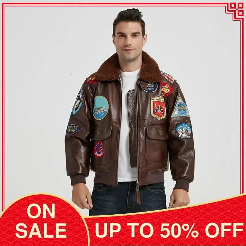 

2020 Brown Military Syle Genuine Pilot Leather Jacket Europe Size Wool Collar Real Cowhide Slim Fit Aviator Leather Coat
