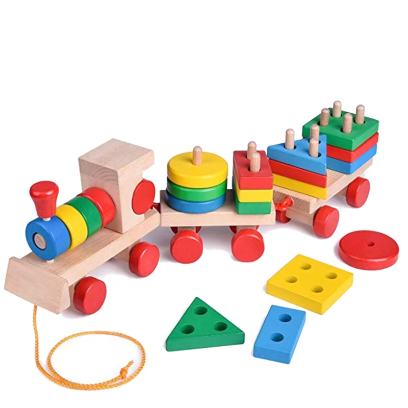 15,5 дюймов деревянные штабелируемые игрушки поезд с сортировщиком формы и штабелируемые блоки, игрушки для малышей, тяговые Игрушки для малышей