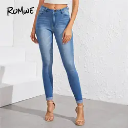 ROMWE синие потертые узкие джинсы с манжетами, женские повседневные джинсы, весна-осень 2019, одежда для женщин, однотонные джинсы с высокой