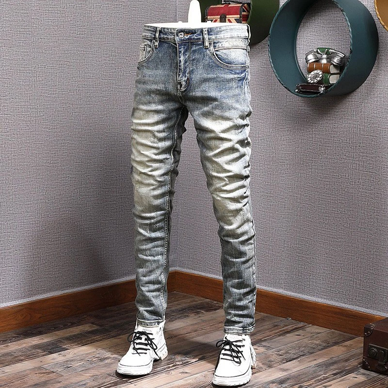 Pantalones vaqueros estilo italiano para hombre, Jeans Retro Azul elásticos desgastados ajustados rasgados, Jeans de algodón informales de diseñador Vintage|Pantalones - AliExpress