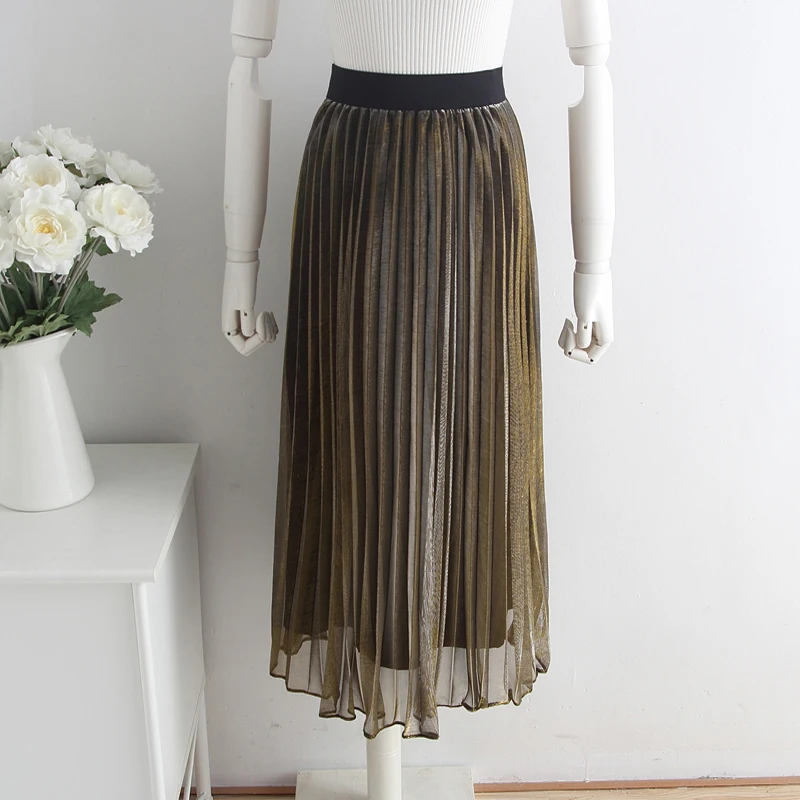 Плиссированная юбка до середины икры с металлическим градиентом|Юбки| |