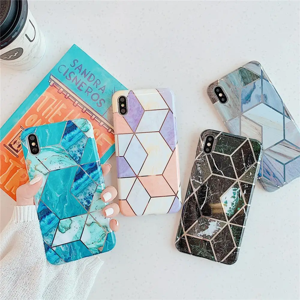 

Fashion Luxury Pink Blue Geometric Stitching Marble Phone Case For iPhone 11 Pro XS Max XR X 10 8 7 6 6 S Plus Soft Silicone Shell Back Cover Fundas Coque