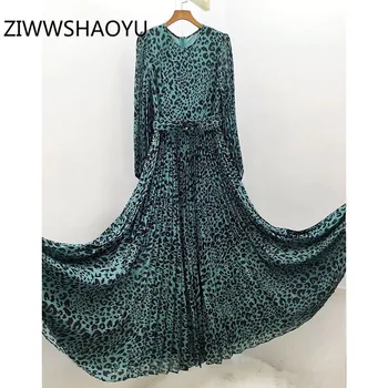 

ZIWWSHAOYU Runway High Quality Women's Long Dresses Pleated Leopard Printing Green Long Sleeve Fashion Maxi Dress New