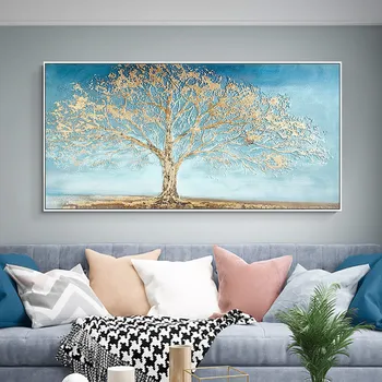 

Modern abstract wall art picture of living room with hand painted blue sky golden tree oil painting on canvas