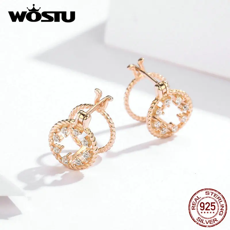 WOSTU модные 925 пробы, серебряные трехмерные круглые серьги-гвоздики, розовое золото, серебро, 925 ювелирные изделия, свадебные серьги DXE697