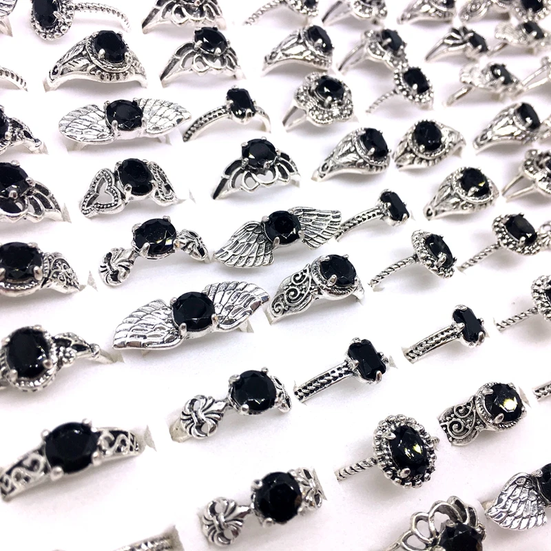 MixMax 50PCs/Lot Womens Rings Mix Styles Silver Plated Black Stone Vintage Jewelry Party Gifts Wholesale dropshipping