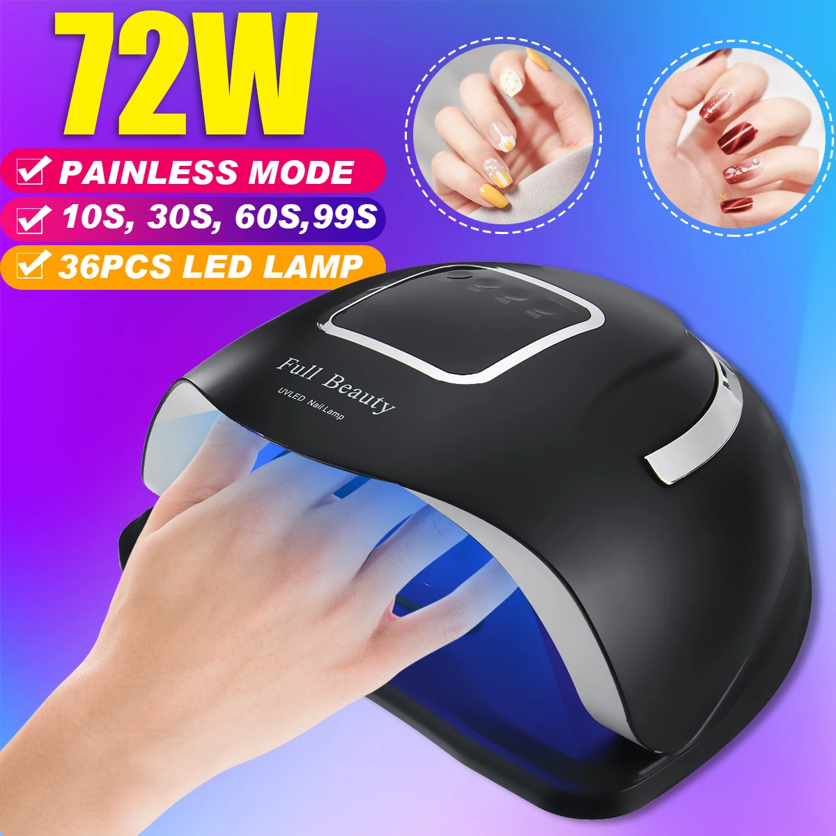 

72w LED Nail Dryer UV Lamp Gel Nail Polish Fast-Curing Light Timer Sensor Salon 10S 30S 60S 99S Painless Mode 180 Irradiation