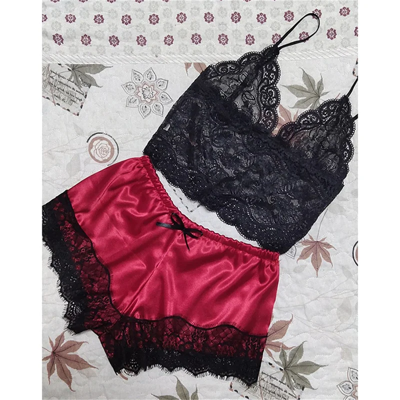 Women Lace V Neck Pajamas Set Lingerie Sleeveless Nightwear Crop Women