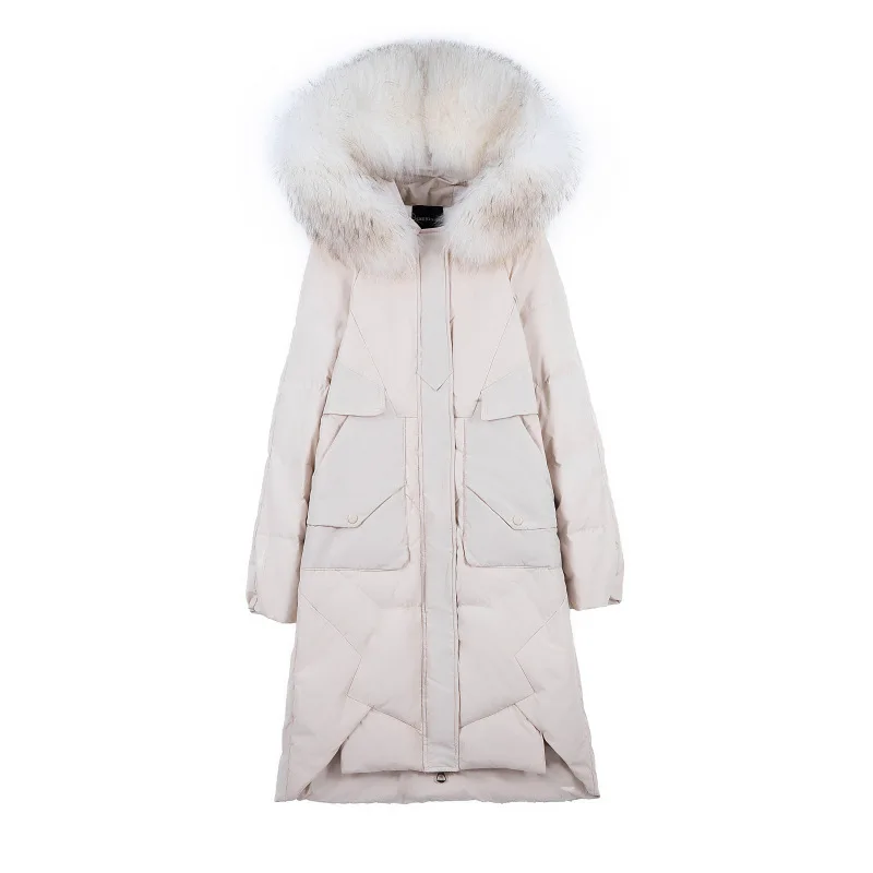 Beige TopFurMall)European Women Parkas Down Coats Jackets Real Raccoon Fur Hoody Lady Long Outwear Overcoat LF9162 - Цвет: Beige