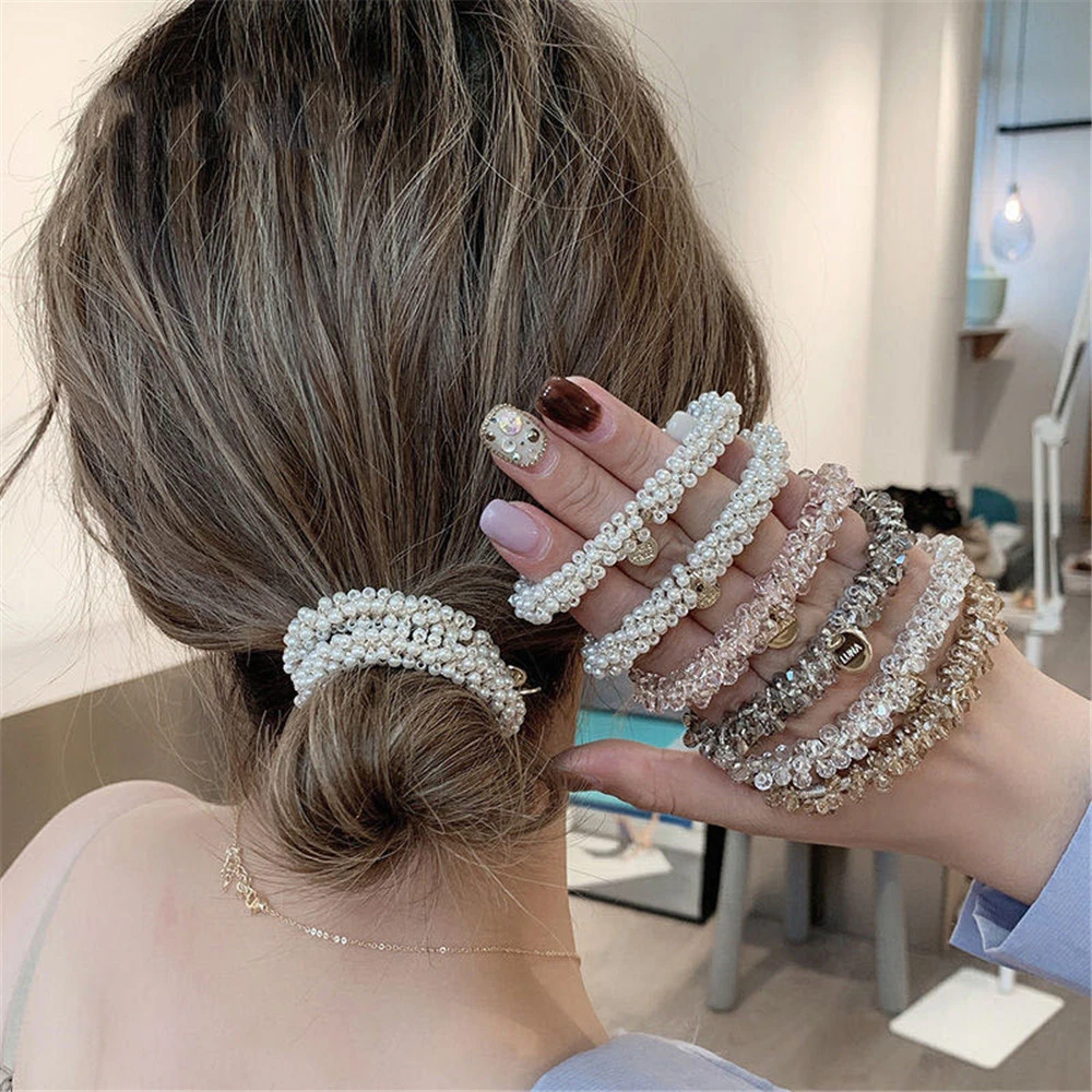 

Ladies Pearl Multicolor Beads Hair Tie Elastic Hair Rope Simple Metal Sheets Scrunchies Ponytail Headdress For Women Accessories