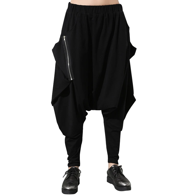 

Women Black Elastic Waist Baggy Low-crotch Trousers Pockets Irregular Gothic Long Pantalon Hip-hop Harem Pants Plus Size