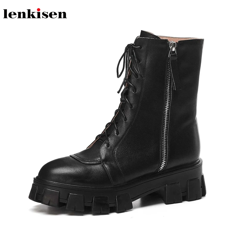 

Lenkisen preppy style thick bottom genuine leather boots high heels round toe lace up side zip winter warm women ankle boots L42