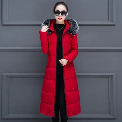 Модные женские пуховики, большие размеры, плотные теплые зимние пальто на молнии с капюшоном и большим меховым воротником, повседневные винтажные женские парки - Цвет: Red