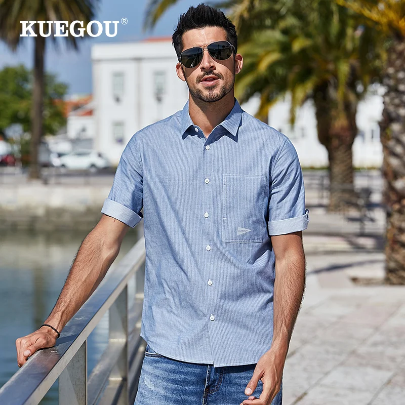 KUEGOU 100% cotton Men's shirt stripe Half sleeve fashion simple comfortable shirts summer cotton shirt blue top size BC-28316 KUEGOU 100% cotton Men's shirt stripe Half sleeve fashion simple comfortable shirts summer cotton shirt blue top size BC-28316