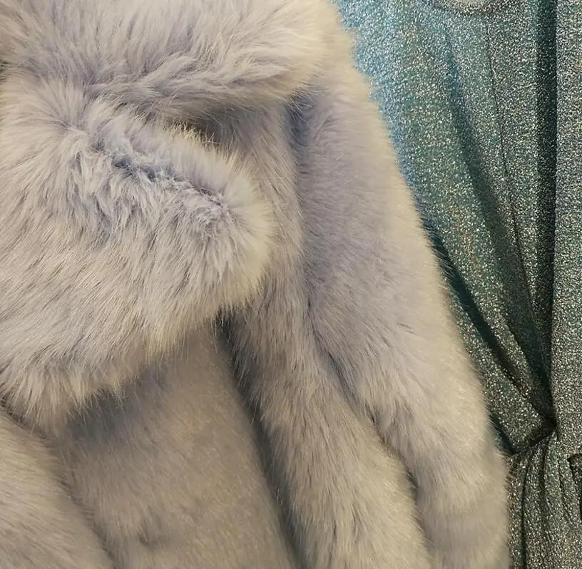Sunimperial light blue shaggy women faux fur jacket mid length coat