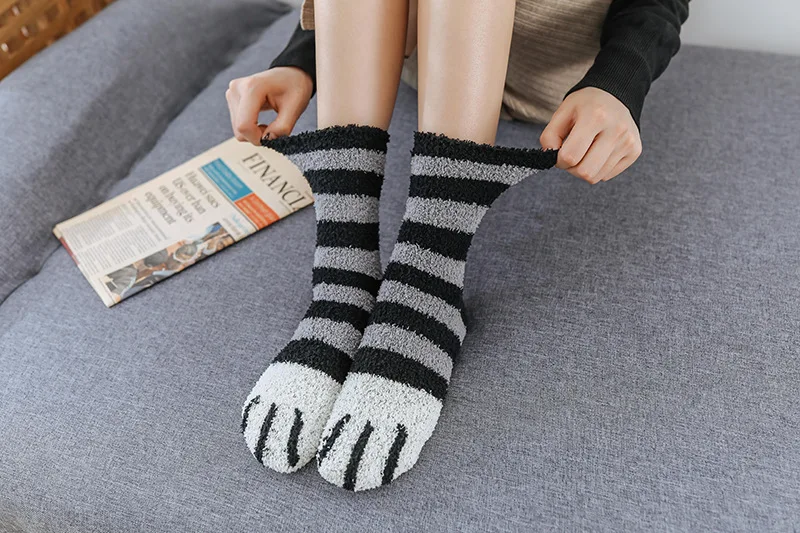 Зимние теплые носки с кошачьими лапами для женщин и девочек; носки для сна; домашние носки-тапочки; толстые носки
