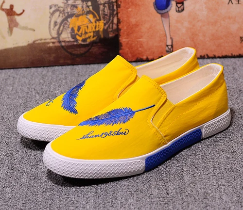 Yellow Красные Модные мужские повседневные лоферы с вышивкой; мужская повседневная парусиновая обувь; летние дышащие мужские туфли без каблука - Цвет: Yellow