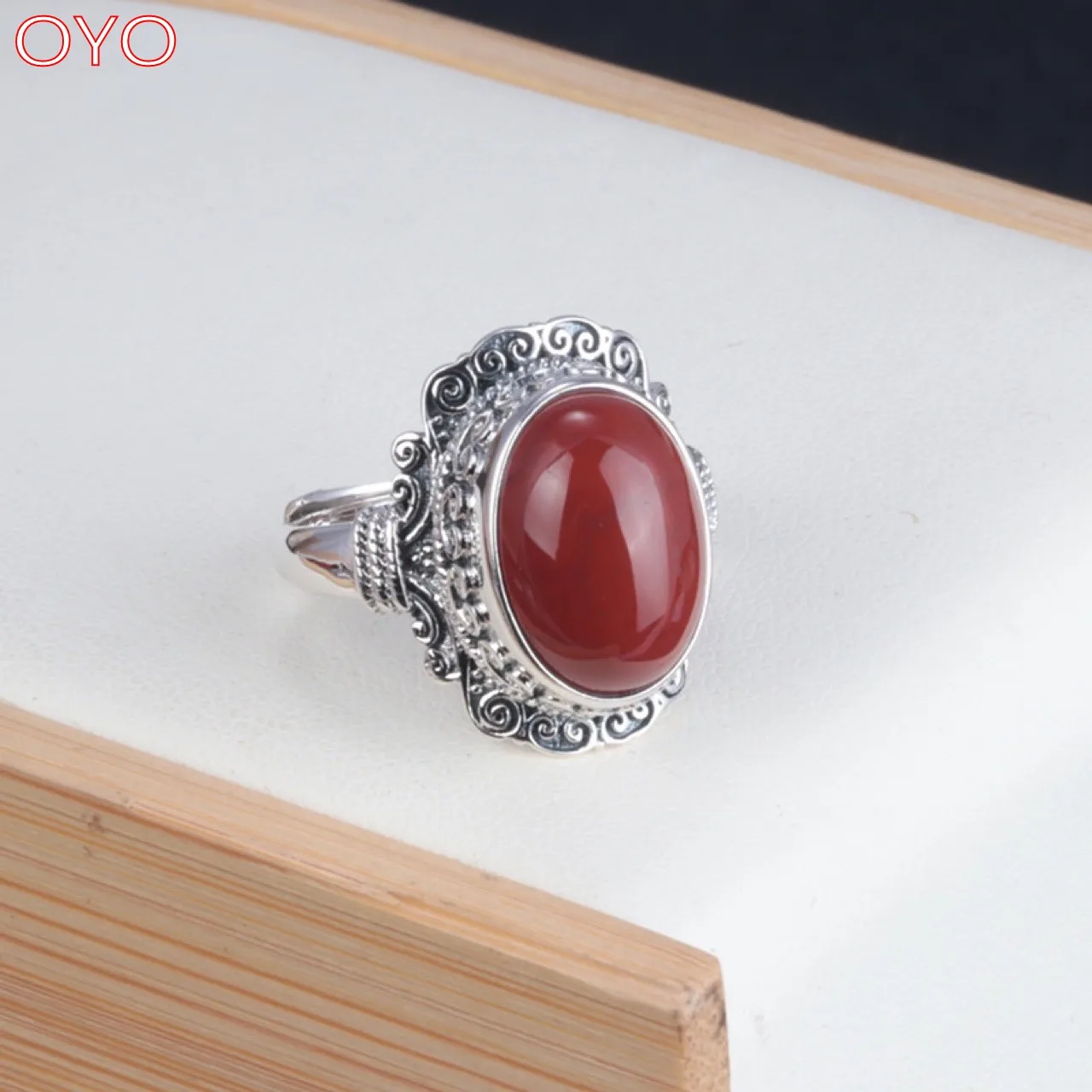 

Real new s925 sterling silver southern red agate ring female retro personality index finger ring live adjustment